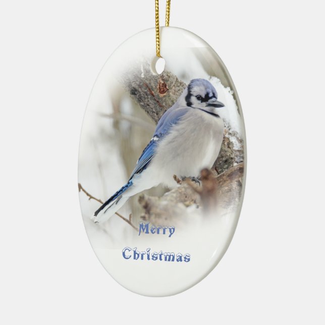 Ornement En Céramique Geai bleu dans la neige d'hiver (Gauche)