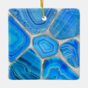 Ornement En Céramique Géode Bleu Agate Mosaïque Fleur art