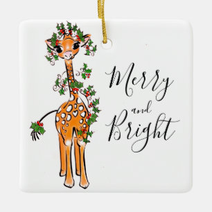 Ornement En Céramique Giraffe de Noël festive, garand vert rouge