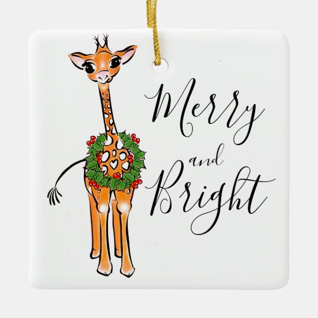 Ornement En Céramique Giraffes de Noël, couronne verte rouge Holly (Devant)