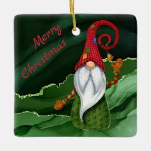Ornement En Céramique Gnome de Noël Rouge et Vert Gemstone Rustique Glam