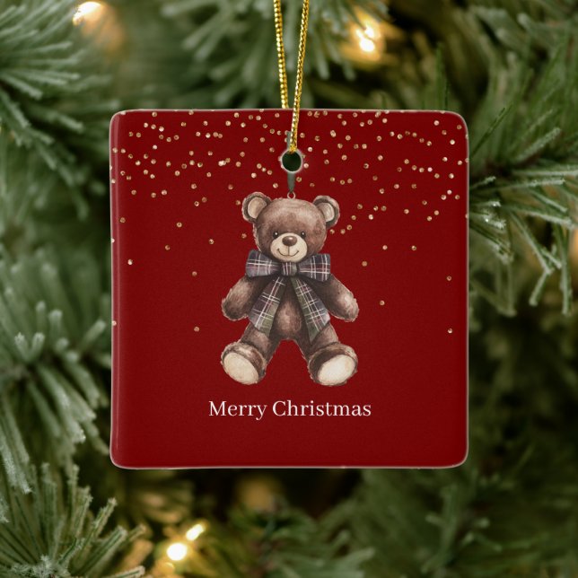 Ornement En Céramique Gold Confetti Red Teddy Bear Christmas (Arbre)