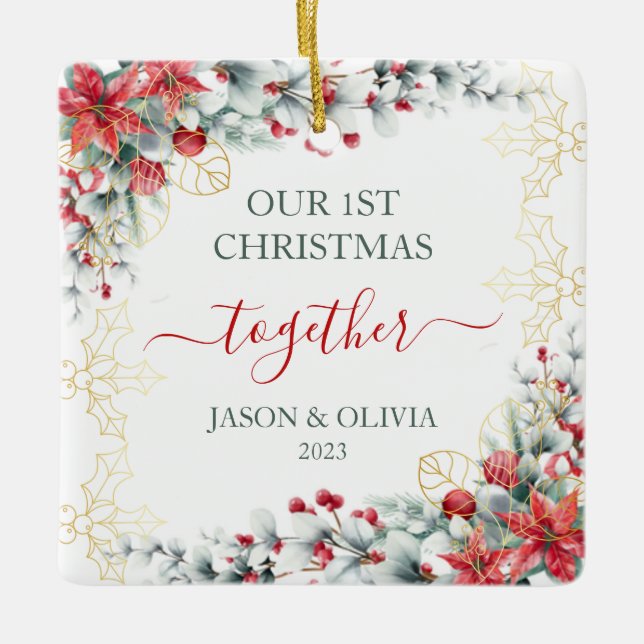 Ornement En Céramique Gold Holly Verdure Floral 1er Noël Ensemble (Devant)