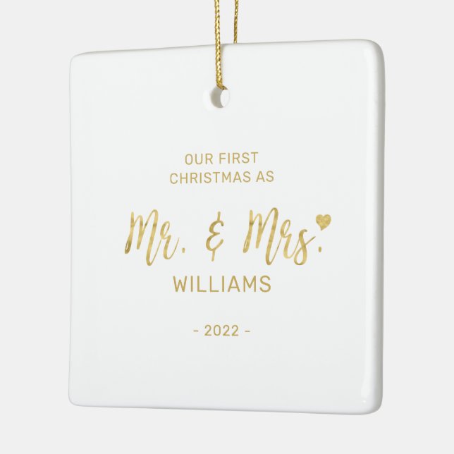 Ornement En Céramique Gold Modern lettering Mr & Mrs Premier Noël (Gauche)