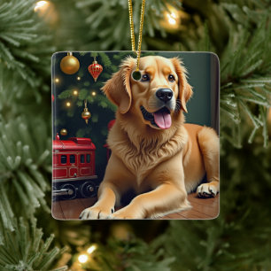 Ornement En Céramique Golden Retriever près du train jouet de Noël