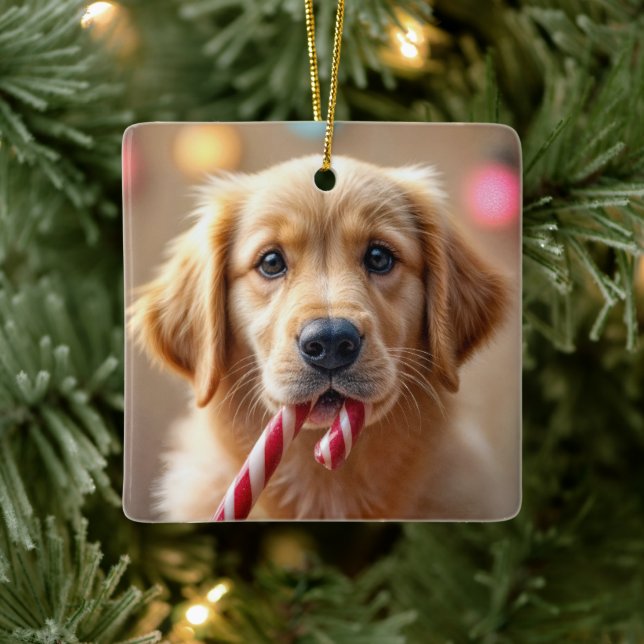 Ornement En Céramique Golden Retriever Puppy With a Candy Cane (Arbre)