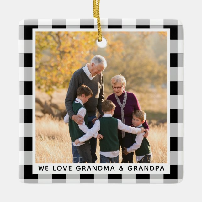 Ornement En Céramique Grand-parents Noël Photo Black White Plaid (Devant)