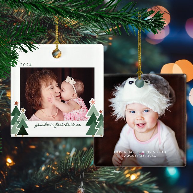 Ornement En Céramique Grandma's First Christmas Rustic Trees 2 Photos (Grandma's First Christmas Rustic Trees 2 Photos Ceramic Ornament)