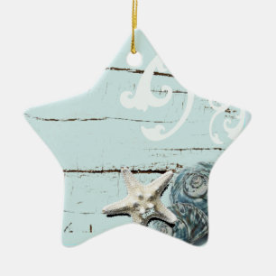Ornement En Céramique Grange côtière bois aqua bleu étoile coquillages