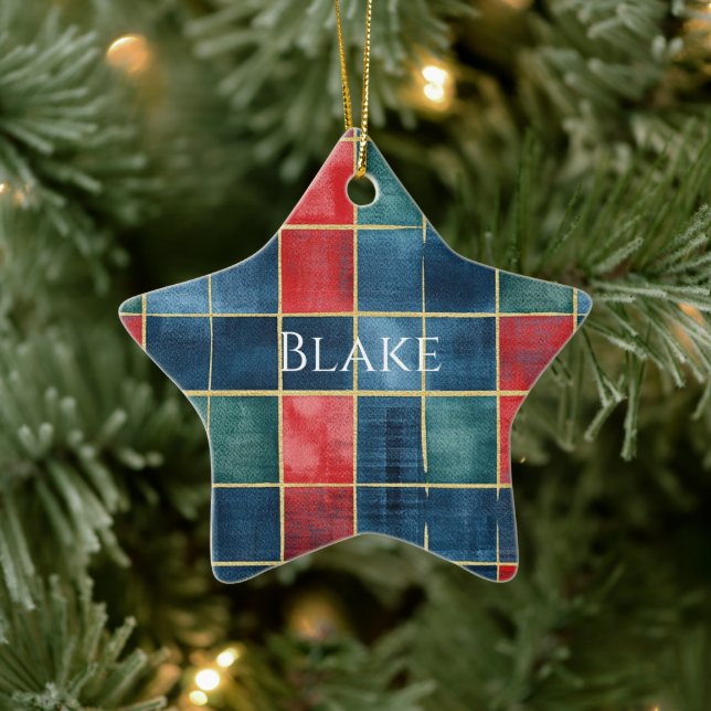 Ornement En Céramique Green Blue Red Gold Plaid Stripes Christmas (Arbre)