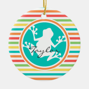 Ornement En Céramique Grenouille blanche; rayures arc-en-ciel brillantes