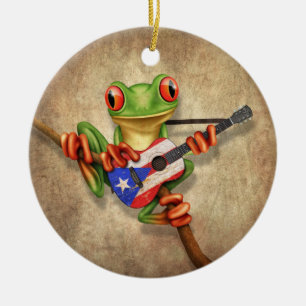 Ornement En Céramique Grenouille d'arbre jouant la guitare de drapeau de