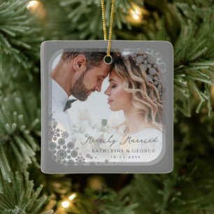 Ornement En Céramique Gris Snowflakes Frame Moderne Vacances Mariage Pho