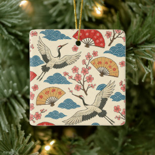 Ornement En Céramique Grue japonaise motif Sakura traditionnel japonais