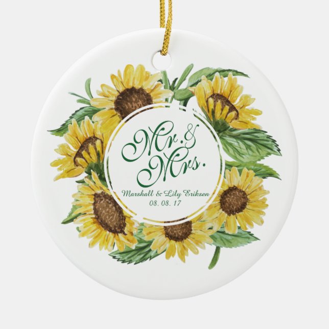 Ornement En Céramique Guirlande personnalisée de tournesol épousant (Devant)