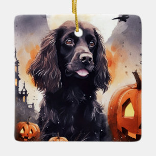 Ornement En Céramique Halloween Cocker Spaniel Avec Citrouilles