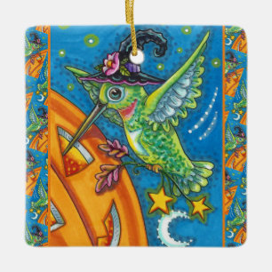 ORNEMENT EN CÉRAMIQUE HALLOWEEN HUMMINGBIRD & JACK-O'-LANTERN WHIMSY