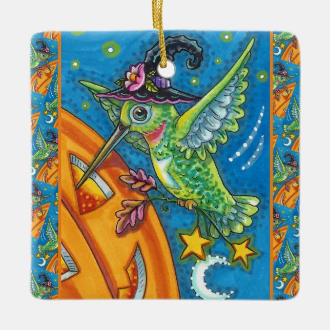 ORNEMENT EN CÉRAMIQUE HALLOWEEN HUMMINGBIRD & JACK-O'-LANTERN WHIMSY (Devant)