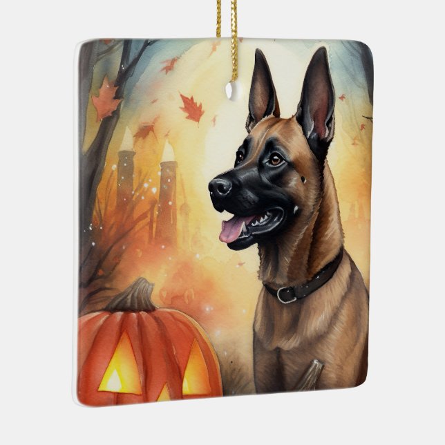 Ornement En Céramique Halloween Malinoi Belge Avec Peur Citrouille (Droite)