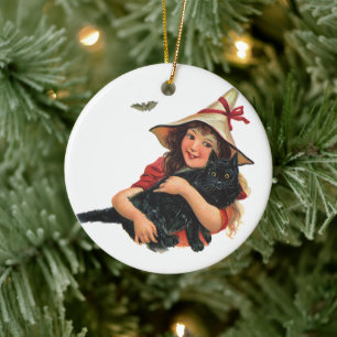 Ornement En Céramique Halloween vintage, Sorcière fille avec chat noir