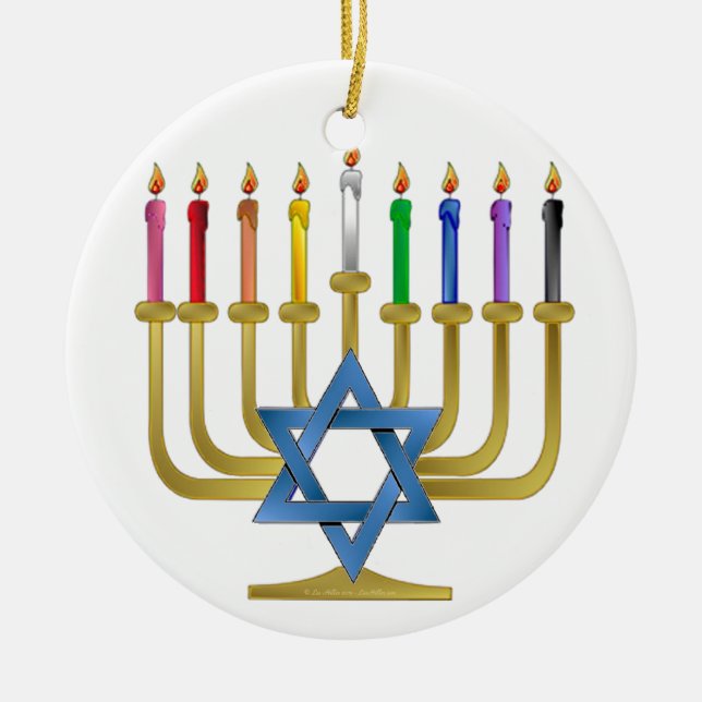 Ornement En Céramique Hanoukka Rainbow Candles Gold Menorah (Devant)