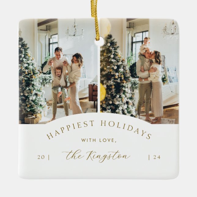 Ornement En Céramique Happiest Holidays | Elegant Gold 2 Photo Collage (Devant)