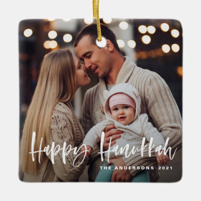 Ornement En Céramique Happy Hanukkah Brush Lettering Multiphoto (Devant)