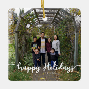Ornement En Céramique Happy Holidays Family Photo Lettering Modern Chic