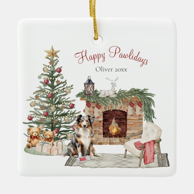 Ornement En Céramique Happy Pawlidays Chien Design - Australian Shepherd (Devant)
