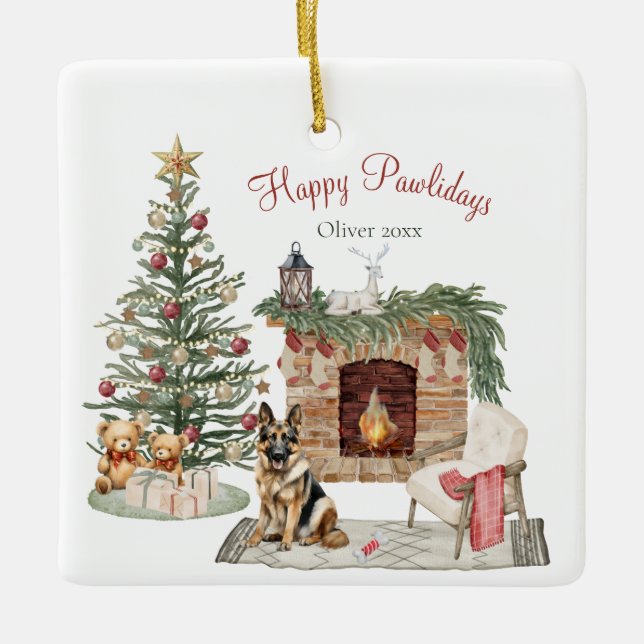 Ornement En Céramique Happy Pawlidays Chien Design - Berger allemand (Devant)