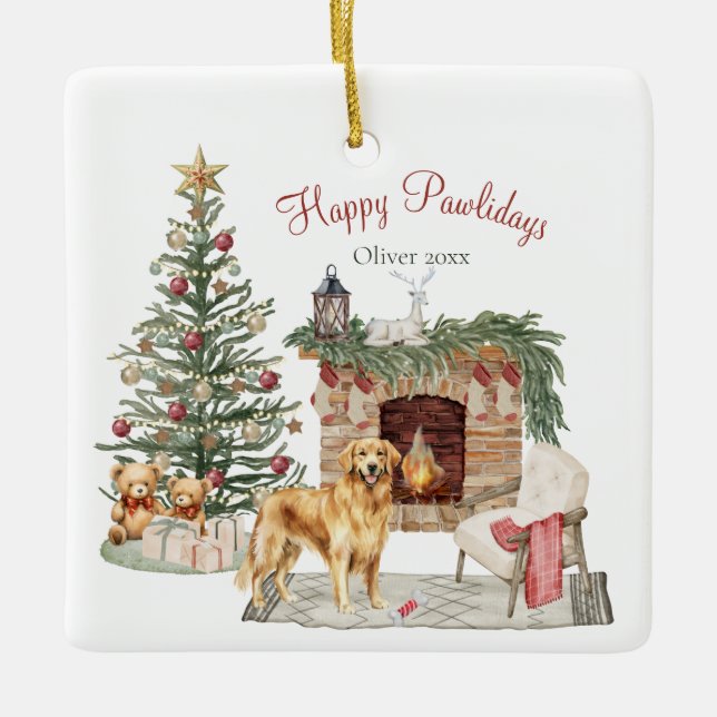 Ornement En Céramique Happy Pawlidays Chien Design - Golden Retriever (Devant)