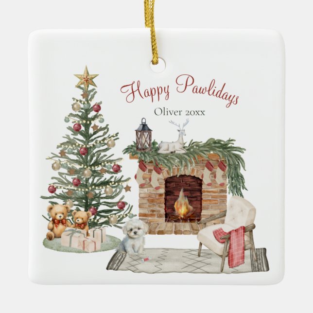 Ornement En Céramique Happy Pawlidays Chien Design - Maltais (Devant)