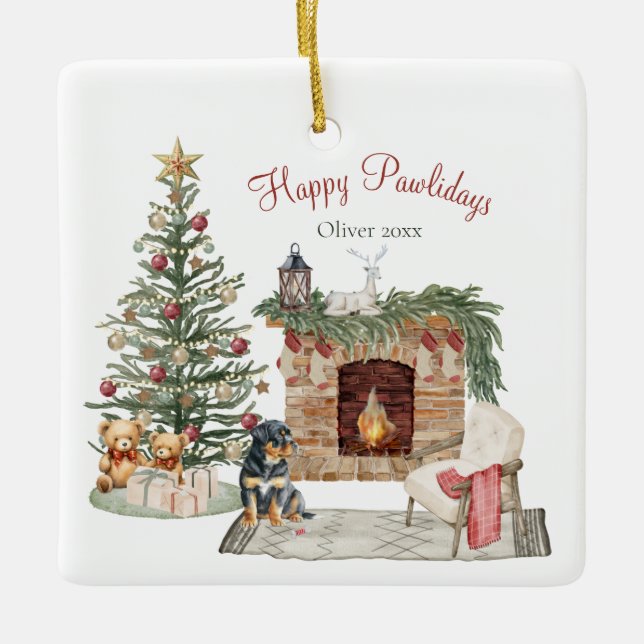 Ornement En Céramique Happy Pawlidays Chien Design - Rottweiler (Devant)