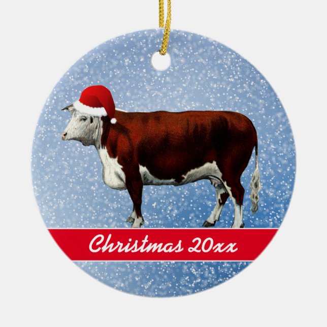 Ornement en céramique Hereford Cow et Santa Hat (Devant)