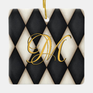 Ornement En Céramique Herlequin noir et blanc Faux Antique Monogramme