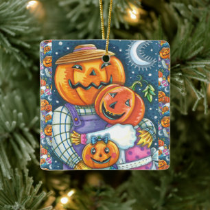 ORNEMENT EN CÉRAMIQUE HEUREUSE FAMILLE JACK-O'-LANTERN, COLORÉE ET MORTE