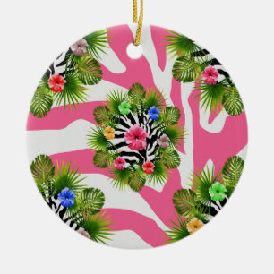Ornement En Céramique Hibiscus tropical et rayures exotiques de zèbre ro