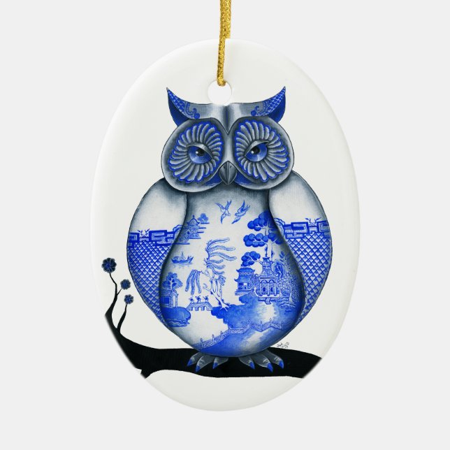 Ornement En Céramique Hibou bleu de saule (Devant)