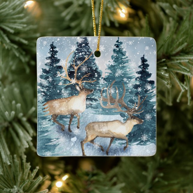 Ornement En Céramique Hiver bleu avec les cerfs (Arbre)
