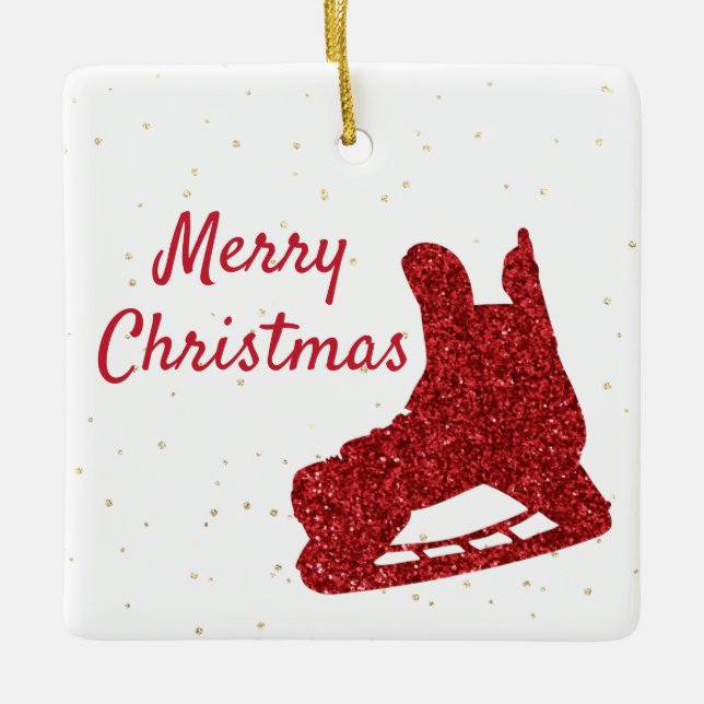 Ornement En Céramique Hockey Ornament - Red sparkate skate et joueur (Devant)