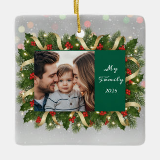 Ornement En Céramique Holly Wreath Family Photo Christmas Keepsake