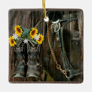 Ornement En Céramique Horse Cowboy Boots Sunflowers Rustic Barque