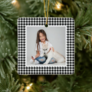 Ornement En Céramique Houndstooth noir & blanc photo de vacances Noël