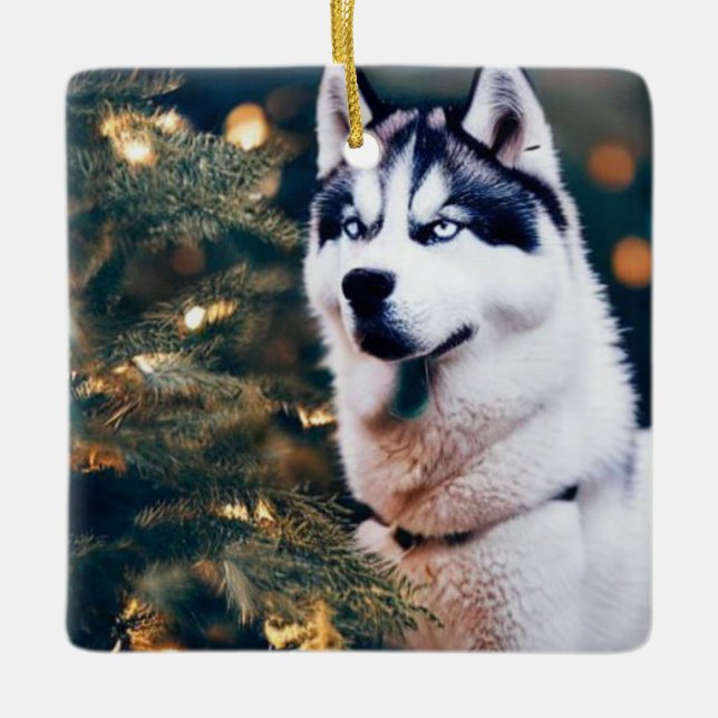 Ornement En Céramique Husky Sibérien Sous Arbre De Noël (Devant)