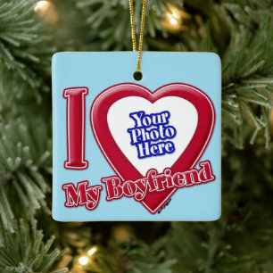 Ornement En Céramique I Love My Boyfriend Photo Red Heart Blue Horizon