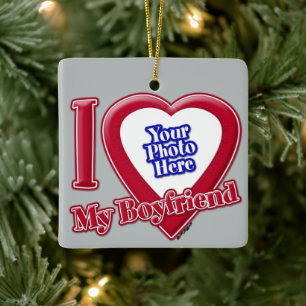 Ornement En Céramique I Love My Boyfriend Photo Red Heart Grey