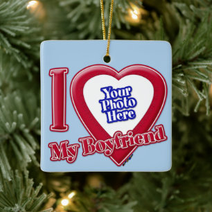 Ornement En Céramique I Love My Boyfriend Photo Red Heart Light Blue