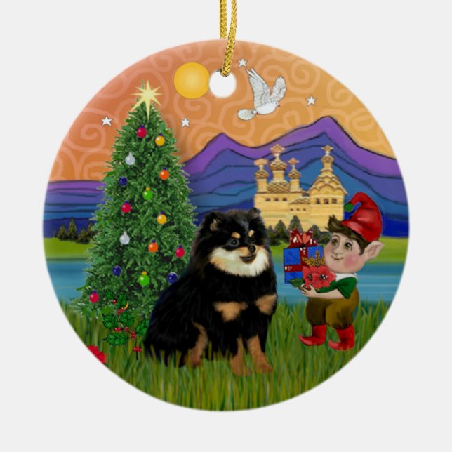 Ornement En Céramique Imaginaire de Noël - Poméranien (noir et bronzé) (Devant)
