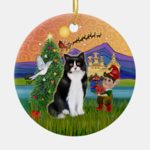 Ornement En Céramique Imaginaire de Noël - Tuxedo cat noir et blanc