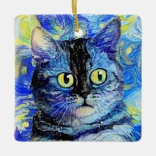 Ornement En Céramique Impressionniste Starry Night Tabby Cat Portrait